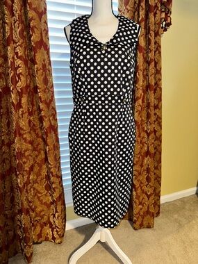 Tahari Sleeveless Dark Blue and White Polka Dot Sheath Dress Large Collar Button